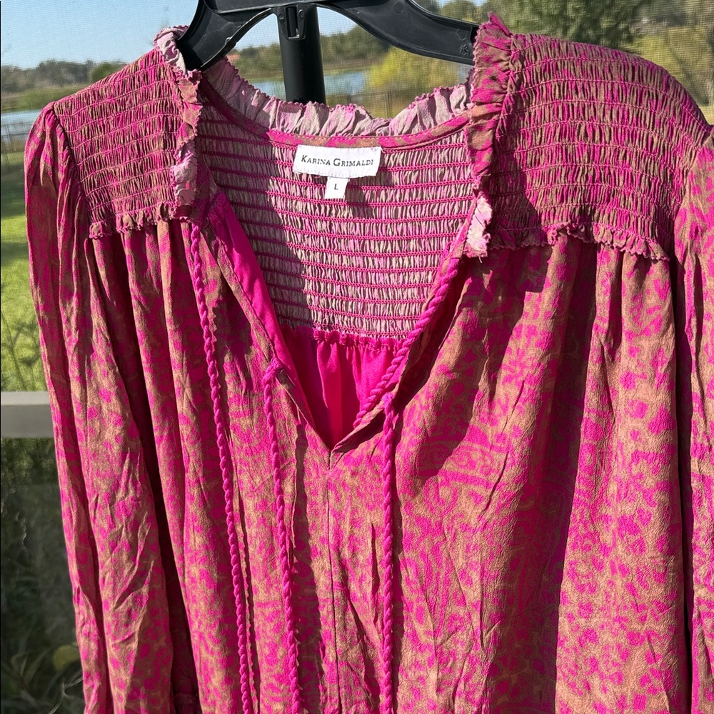 Karina Grimaldi Fuchsia/brown abstract animal print Long Sleeve mini Dress